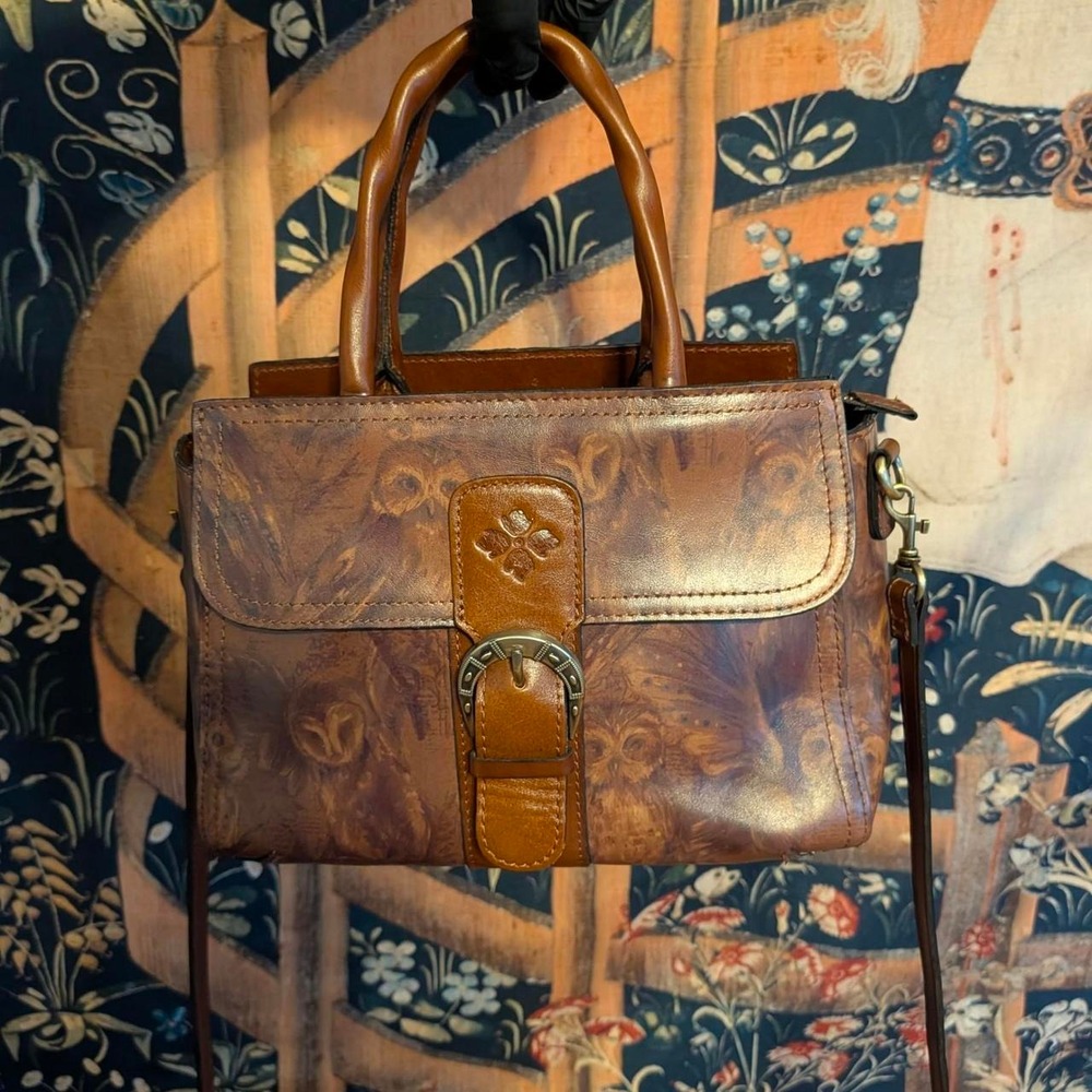 Patricia Nash Lola Top Handle Crossbody Bag Owl Print Brown Leather - Picture 2 of 7